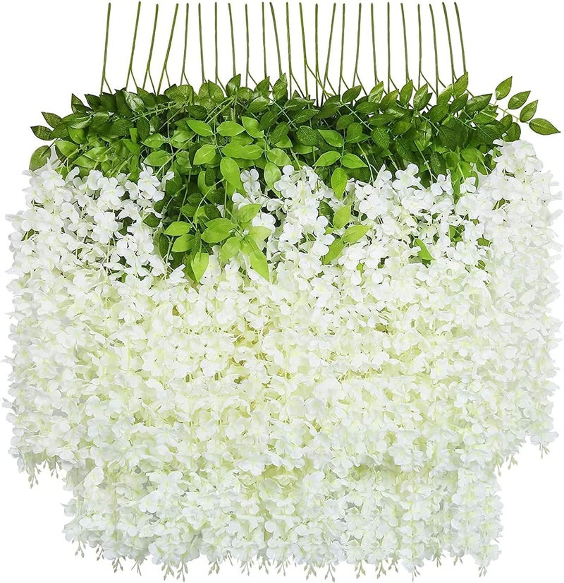 U'Artlines 12 Pack(Total 43.2 Feet) Artificial Fake Wisteria Vine Rattan Hanging Garland Silk Flowers String Home Party Wedding Decor (12, White) - Image 1